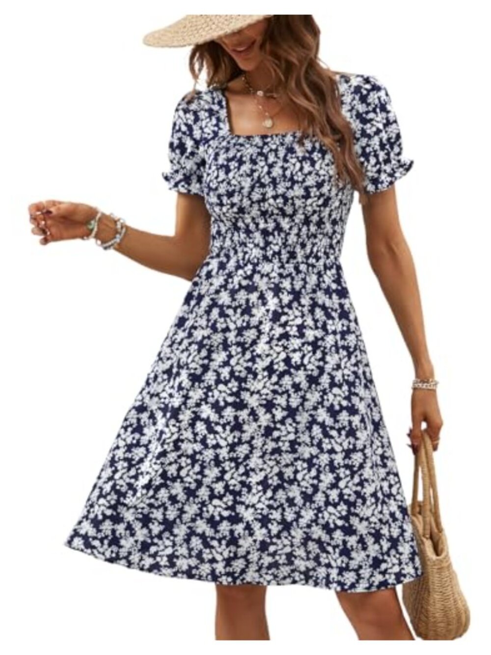 Womens A Line Mini Sun Dress Short Sleeve Square Neck Smocked Boho Flowy